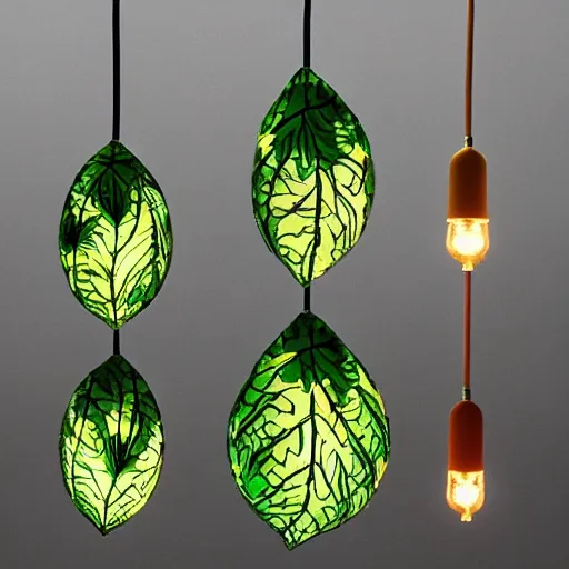 Prompt: a hanging lamp in the shape of leaves and plants made of detailed colorful glass