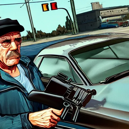 Image similar to old man in car holding gun, gta v art