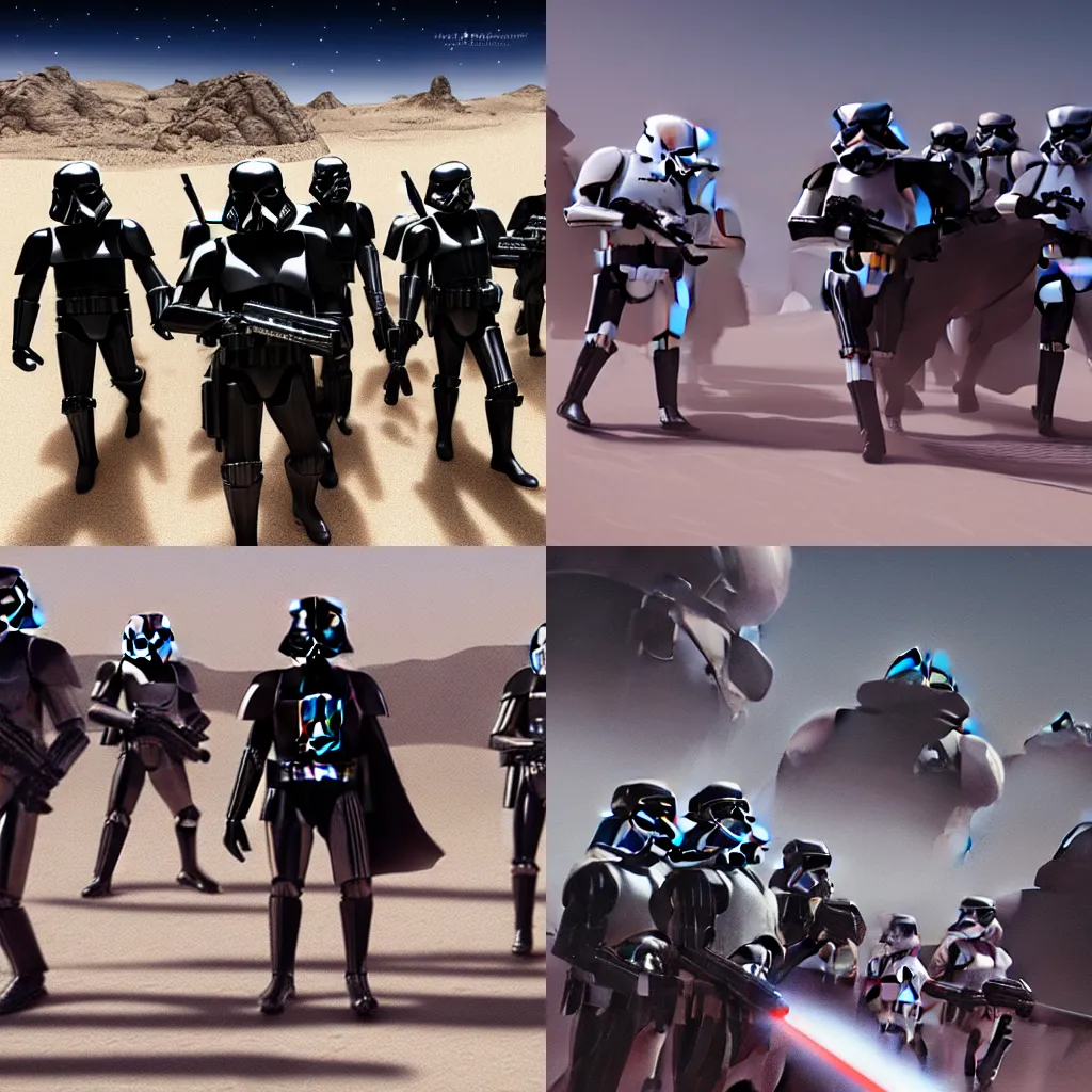 Prompt: darth vader being escorted by four stormtroopers on a desert planet, trending on artstation