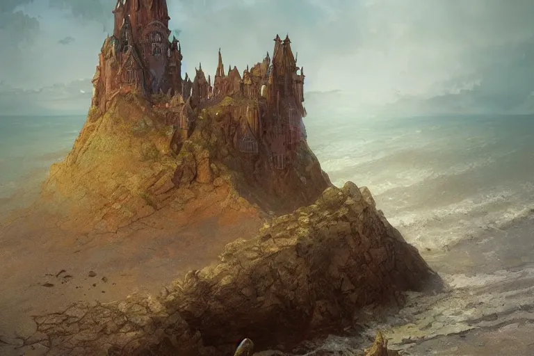 Prompt: wide angle view, a beautiful digital painting of a fairy castle made of sand on a beautiful coastline, tranquil day, magical, by greg rutkowski, brian froud, marc simonetti, jean - baptiste monge, and alphonse mucha, symmetry, complementary colors, ink illustration, trending on artstation