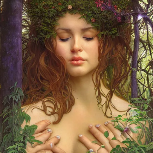 Image similar to face portrait of a beautiful alluring female nature spirit goddess in a dense forest at sunset, detailed, centered, digital painting, artstation, concept art, donato giancola, Dante Gabriel Rossetti, alphonse mucha, Joseph Farquharson, Joseph Christian Leyendecker, WLOP, Boris Vallejo, Breathtaking, 8k resolution, extremely detailed, beautiful, establishing shot, artistic, hyperrealistic, beautiful face, octane render