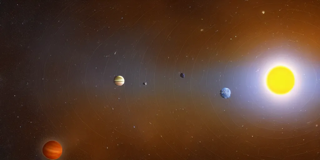 Image similar to view of the solar system, the sun, planets, earth, dark sky, deep space, kodak gold 2 0 0, unreal engine 5