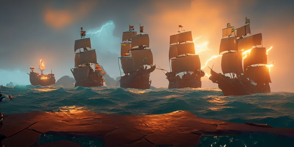 Image similar to sea of thieves screenshot, a chtulhu is visible, storm, unreal engine, digital art