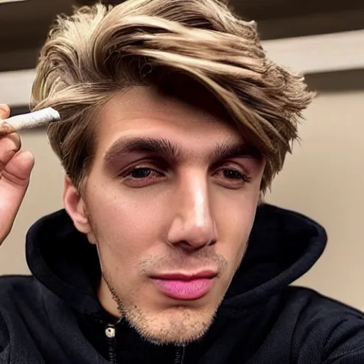 Image similar to a closeup photo of handsome gigachad xqc elrubius smoking a cigar