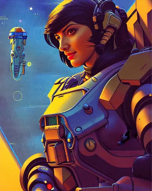 Image similar to pharah from overwatch, battletech, character portrait, portrait, close up, concept art, intricate details, highly detailed, vintage sci - fi poster, retro future, vintage sci - fi art, in the style of chris foss, rodger dean, moebius, michael whelan, and gustave dore