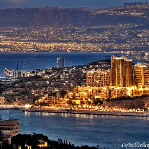 Image similar to a beautiful haifa city with lots of glowing crystals, sunset lighting,