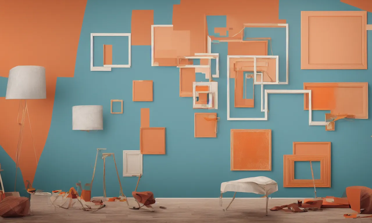 Prompt: painting frames on a room wall, geometric arrangements, evening ambiance, beautiful volumetric lighting, smooth, soft teal and orange colors, photorealism