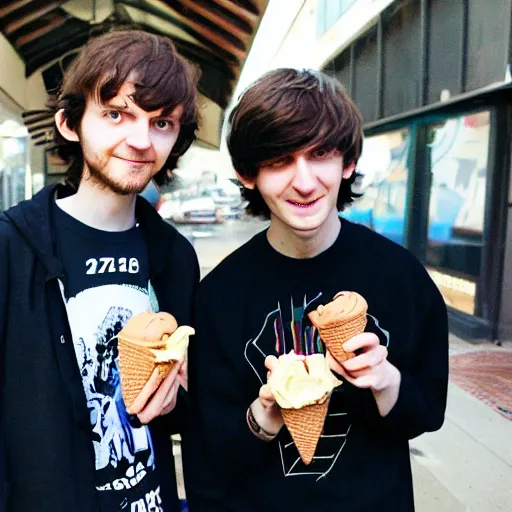 Prompt: madeon and porter robinson eating ice cream together
