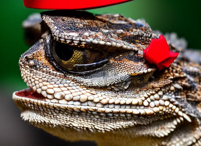 Image similar to dslr portrait still of a bearded dragon wearing a top hat and a red bowtie, 8 k 8 5 mm f 1. 4