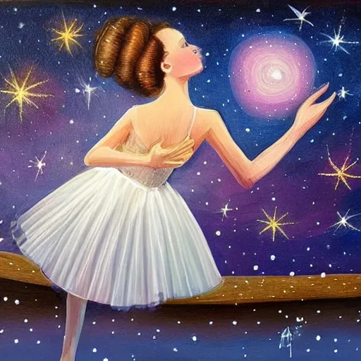 Image similar to ballerina in a dress looking at a starry sky, galaxy, beautiful, painting, highly detailed, soft light