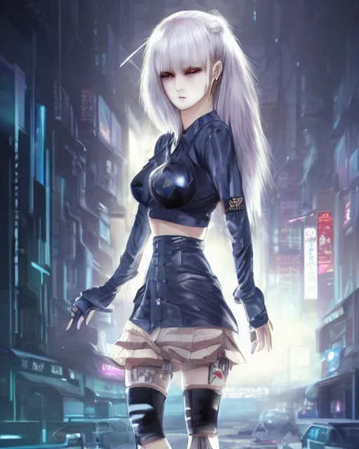 Prompt: The successful warrior is the average man, with laser-like focus, artwork by artgerm, anime, cyberpunk streets in Japan, elegant, seductive, long white hair, knee high socks, extra short blue plaid skirt, white blouse, army boots, high fantasy, CGsociety, full length, exquisite detail, post-processing, low angle, masterpiece, mystical, magical, art by Masamune Shirow