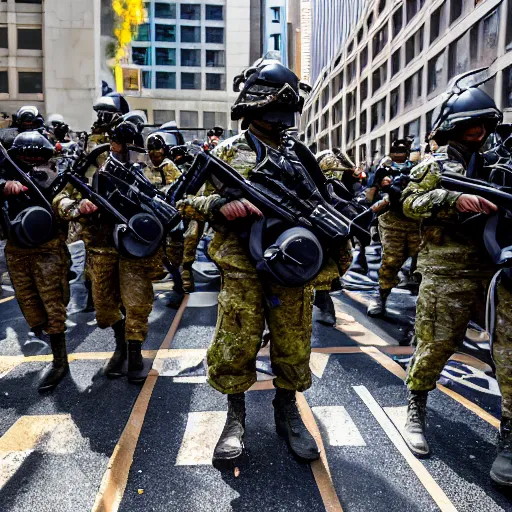 Image similar to 4 k hdr sony a 7 photo of soldiers with bitcoin logos on their helmets at a protest of thousands of people surrounding federal reserve building with us dollars burning in a pile and flying everywhere