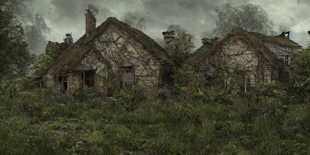 Image similar to photorealistic, ruined english cottage, overgrown vegetation, apocalypse, shadowy lurking creatures, hyperrealistic, grimdark, artstation