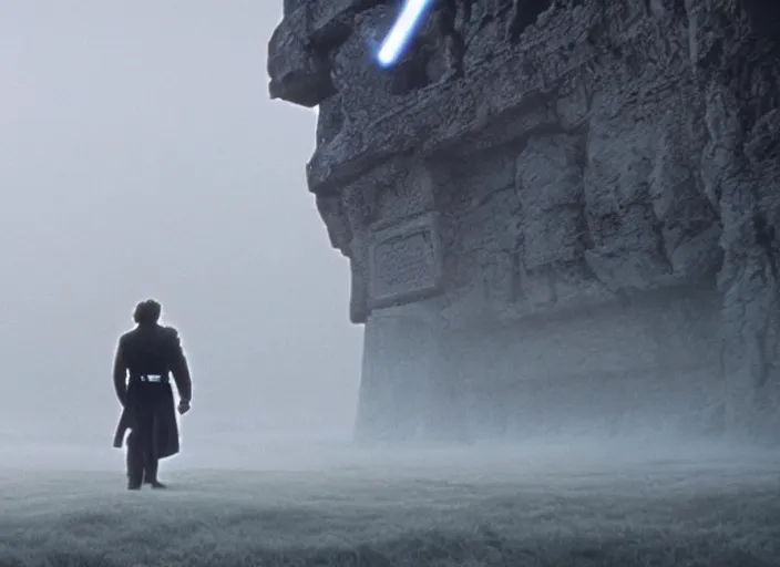 Image similar to epic still of Han Solo using lightsaber in foggy environment, approaching an ancient temple in the distance, iconic scene from the 1980s film directed by Stanley Kubrick, cinematic lighting, kodak film stock, strange, hyper real, stunning moody cinematography, with anamorphic lenses, crisp, detailed portrait, 4k image