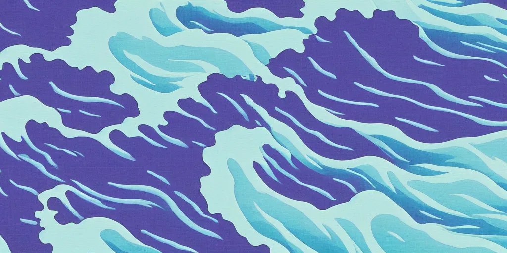 Prompt: blue purple and pink colored ocean waves rolling into the beach in the pattern of the great wave off Kanagawa, high resolution, 8k