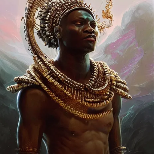 Image similar to african cosmic god obatala, dim light, front game card, marvel comics, dark, intricate, highly detailed, smooth, artstation, digital illustration by ruan jia and mandy jurgens and artgerm and wayne barlowe and greg rutkowski and zdislav beksinski.