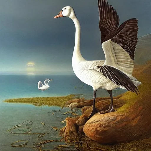 Prompt: beautiful painting of a goose on a island in the middle of the sea, beautiful artwork, intricate artwork by tooth wu, greg rutkowksi and beksinski, 4 k