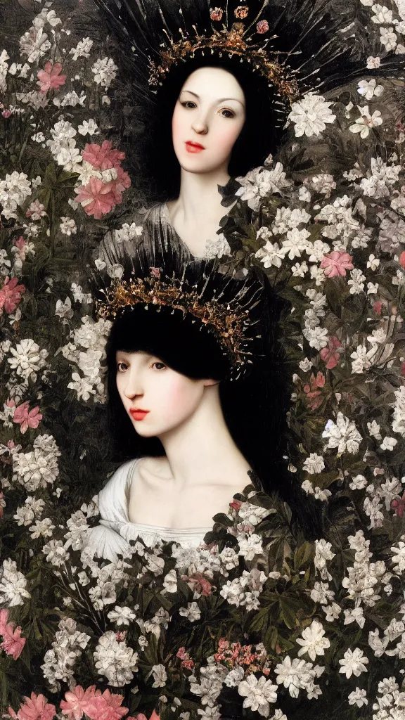 Prompt: a closeup portrait of a beautiful black haired woman with pale skin and a crown on her head sitted on an intricate metal throne, in an infinite landscape of flowers, photograph by caravaggio, canon eos c 3 0 0, ƒ 1. 8, 3 5 mm, 8 k, medium - format print