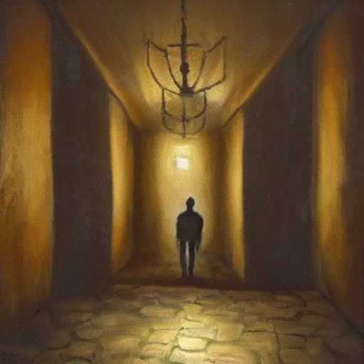 Image similar to a dungeon hallway with a single torch on the wall. a man is walking in the hallway, oil painting