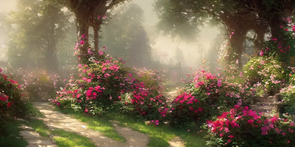 Prompt: a beautiful painting of the roses garden by greg rutkowski and thomas kinkade, trending on artstation