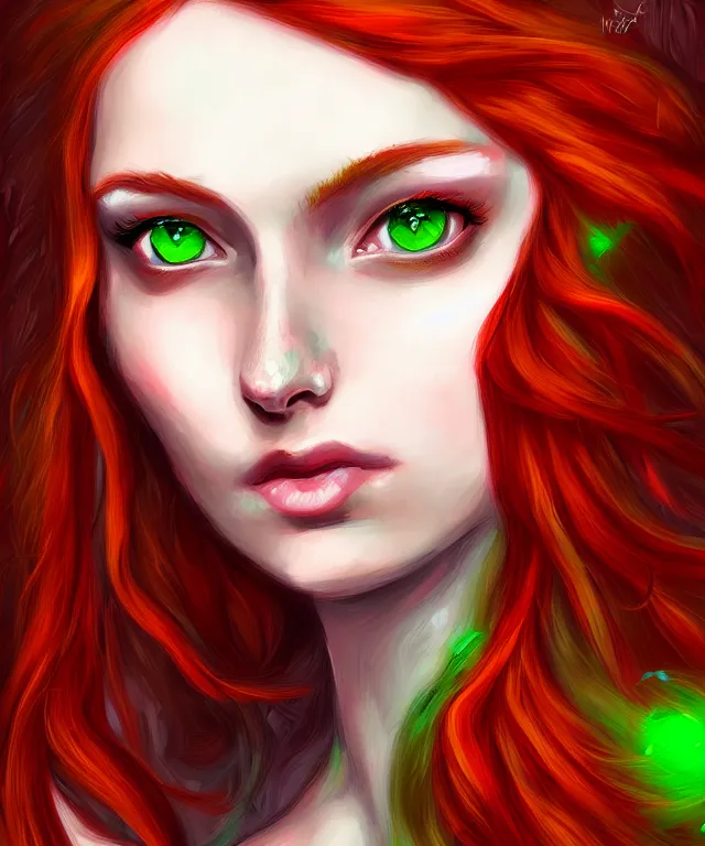 Image similar to Fae teenage girl, portrait, face, long red hair, green highlights, fantasy, intricate, elegant, highly detailed, digital painting