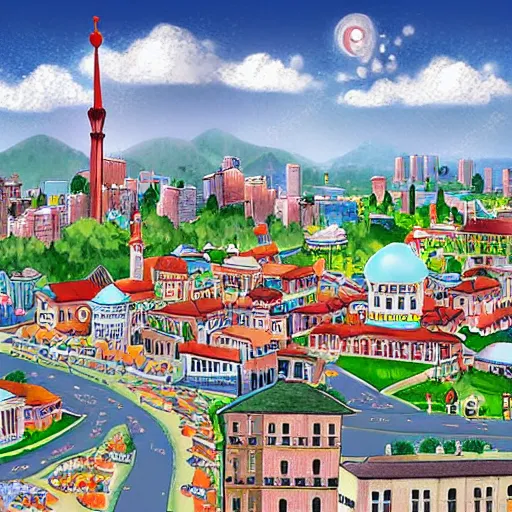 Prompt: city in Kyrgyz, storybook illustration