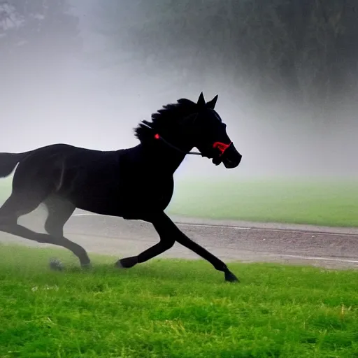 Prompt: eye - level front view of a racing black thoroughbred stallion ( with jocky in colorful outfit ) galloping extremely hard and emerging headfirst out of very dense ground fog to win a race at the track.