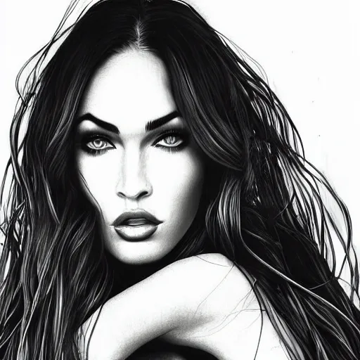 Image similar to “Megan Fox, portrait!!! Portrait based on doodles, scribbled lines, sketch by Liz Y Ahmet, monochrome, concept Art, million lines, white background, ultra detailed portrait, 4k resolution”