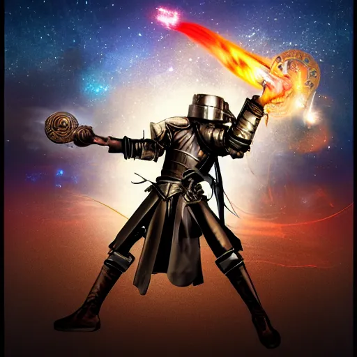 Image similar to steampunk warrior dueling a knight, space, fiery, galaxy, war