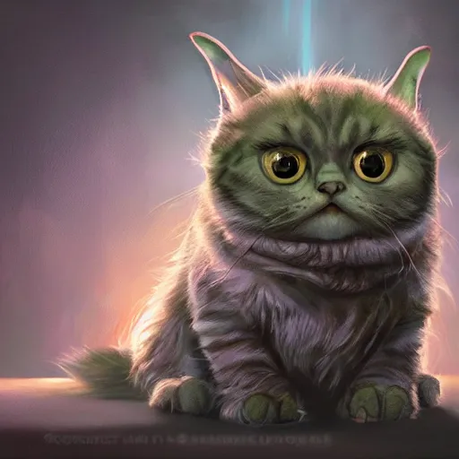 Prompt: scottish fold cat/yoda, magic the gathering artwork, D&D, fantasy, cinematic lighting, centered, symmetrical, highly detailed, digital painting, artstation, concept art, smooth, sharp focus, illustration, volumetric lighting, epic Composition, 8k, art by Akihiko Yoshida and Greg Rutkowski and Craig Mullins, oil painting, cgsociety