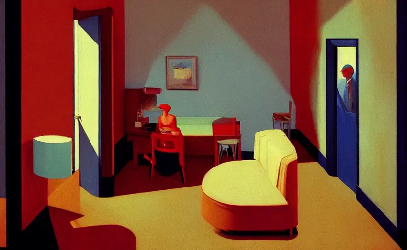 Prompt: inside a lonely motel room, very coherent, painted by Edward Hopper, Wayne Barlowe, painted by James Gilleard, airbrush, art by JamesJean