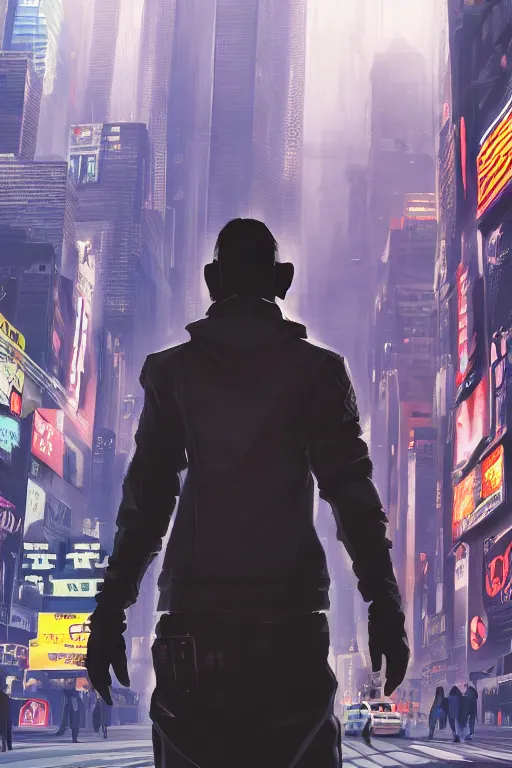 Prompt: An equipped detailed man in the middle of New York City cyberpunk, futuristic, oil painting, unity engine, wide angle, anime styled 3d, trending on artstation, high definition, god rays, caustics