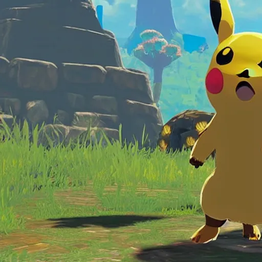 Prompt: a screencap of the legend of zelda breath of the wild, of pikachu in breath of the wild