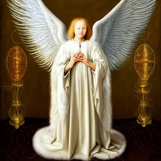 Prompt: highdetailed hyperrealistic painting of white angel!!! no gender!!!, giant ball of miracle light from the chest!!!!!, 4 k hd fur face!!!, big wings, by jan van eyck, holography space, white sparkles everywhere, thin strokes, high textures