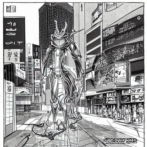Prompt: moebius, mechanical inhuman monsters walking the streets of shinjuku,