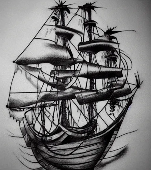 Image similar to A realistic tattoo design sketch of a pirate ship, paper background, black and white, highly detailed tattoo, shaded tattoo, hyper-realistic tattoo