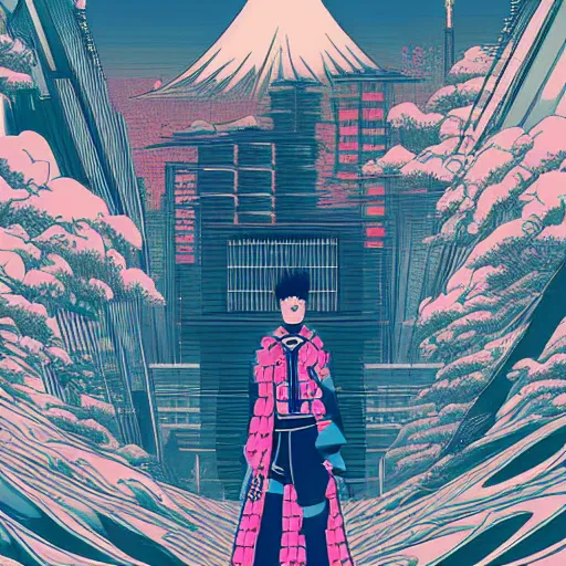 Prompt: cyberpunk samurai in a synth wave city, in the style of hokusai