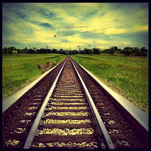 Prompt: “a train laying tracks as it travels, surreal, photrealism, 3D”