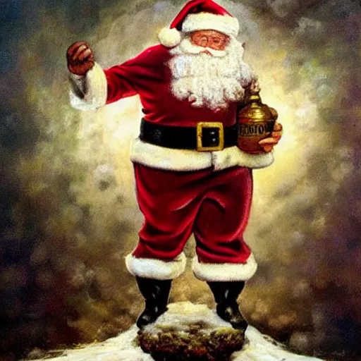 Image similar to an ultra - realistic oil painting of santa claus holding a snowglobe in the style of frank frazetta. 4 k. ultra - realistic. highly detailed. dark fantasy. epic lighting.