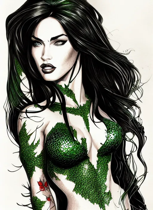 Image similar to concpet art, full shot, traditional ink, sketch, of megan fox as poison ivy, line sketch, intricate, elegant, highly detailed, monochrome, digital painting, artstation, concept art, green, black, red ink sharp focus, illustration, art by borderlands 3 and peter polach