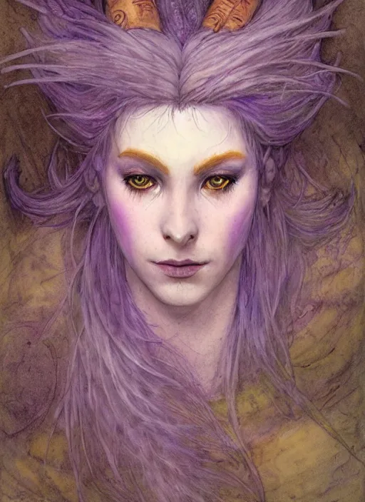 Image similar to portrait of young female sorceress of the endtimes, transluscent skin, lavender hair, beautiful! coherent! dungeons and dragons character, by brian froud, strong line, cool night color, high contrast