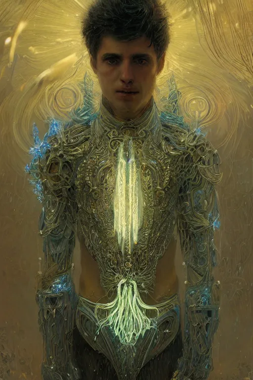 Image similar to portrait of an angelic male with intricate body armor made of bioluminescence wires by gaston bussiere, joe fenton and anato finnstark, arstation and beeple highly, feathers, shimmer detailed, cinematic lighting, octane render, unreal engine lumen, very coherent. cinematic, hyperrealism, high detail, octane render, 8 k