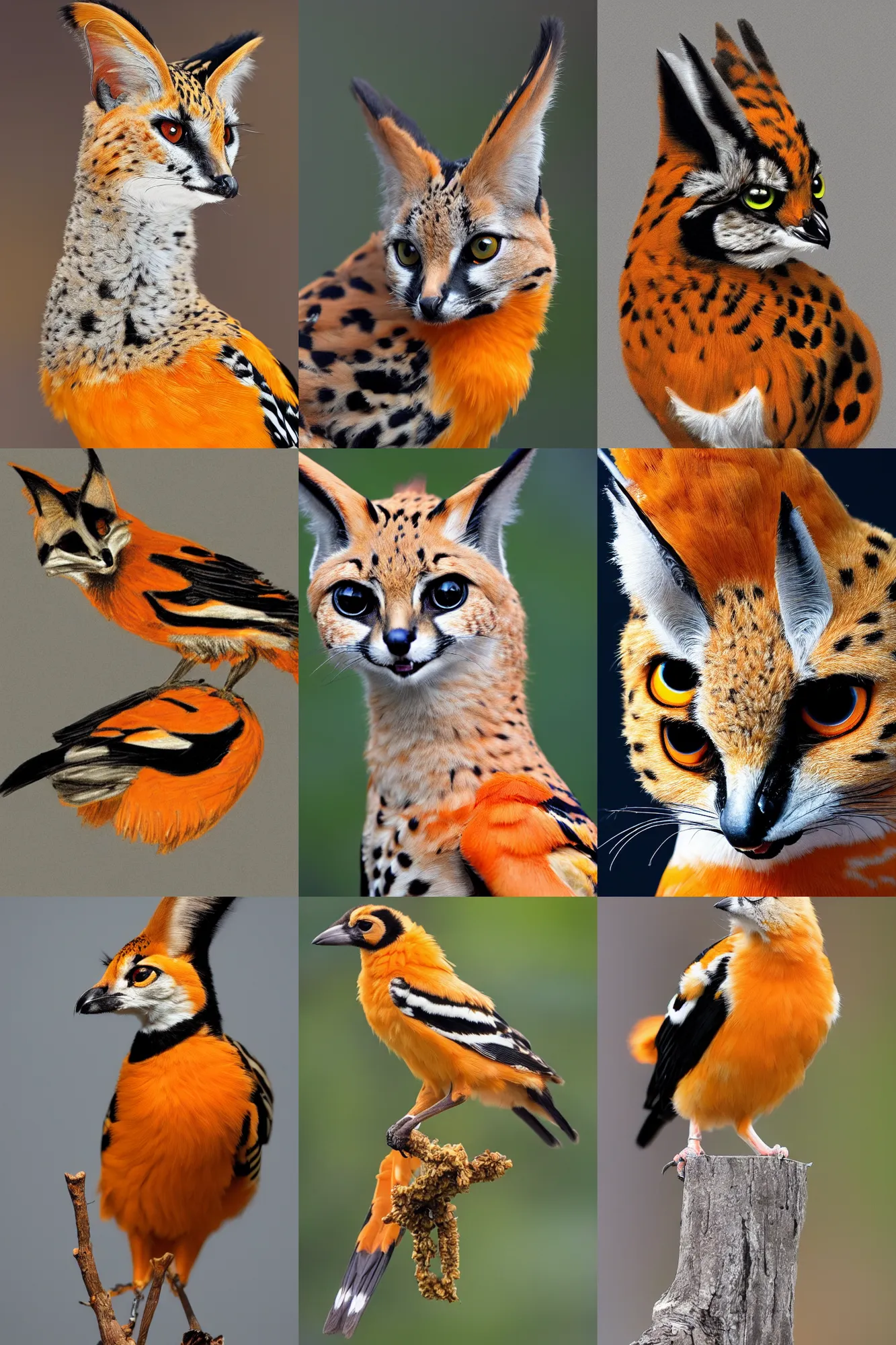 Prompt: cross between an oriole and a serval, high quality, 4k, 8k, trending on Artstation,