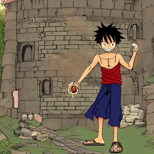 Image similar to luffy in the harry potter universe far away at some ruins from a castle. a wizard is already there and summons a portal that would take me back home.