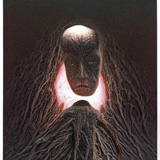 Image similar to black dramatic portrait painting of human with black mandelbrot fractal instead of face, in style of zdzisław beksinski, darkness, horror, body horror, scary,