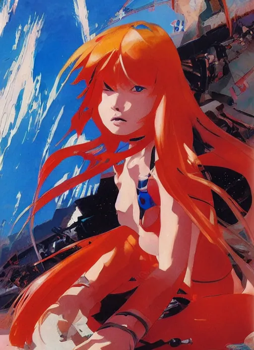 Image similar to Asuka Langley Soryu by John Berkey and Vincent Di Fate, rule of thirds, seductive look, beautiful, in intergalactic hq, ethereal lighting, smooth, masterpiece, Refined