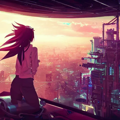 Prompt: android mechanical cyborg anime girl overlooking overcrowded urban dystopia. long flowing hair. pink pastel clouds. gigantic future city. pitch black night. raining. makoto shinkai. wide angle. distant shot. dark and dreary.