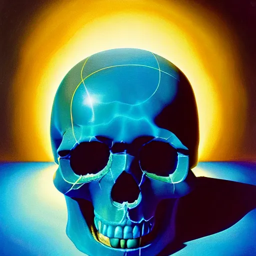 Prompt: peer into the depths of the endless cosmic void, shine a light on your darkest terror the crystal skull of claybore, robert vardeman oil on canvas, photographic hyperrealism