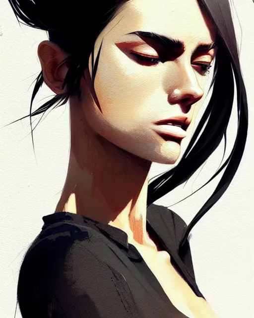 Prompt: a ultradetailed beautiful painting of a stylish woman, she is wearing a black tank top and jeans, her hair is in a pony tail, by conrad roset, greg rutkowski and makoto shinkai trending on artstation