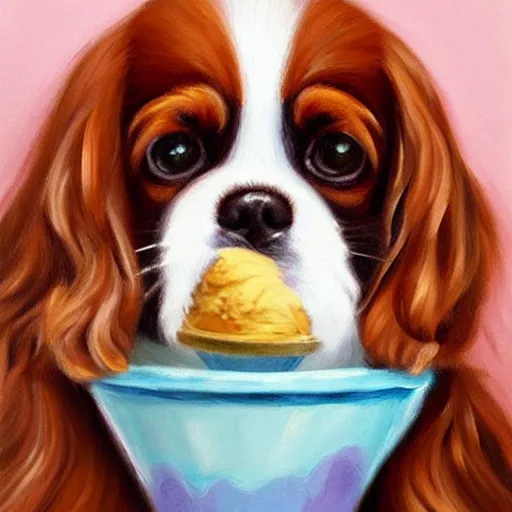 Prompt: king charles spaniel serving ice cream, ice cream store, oil painting, digital art, artstation